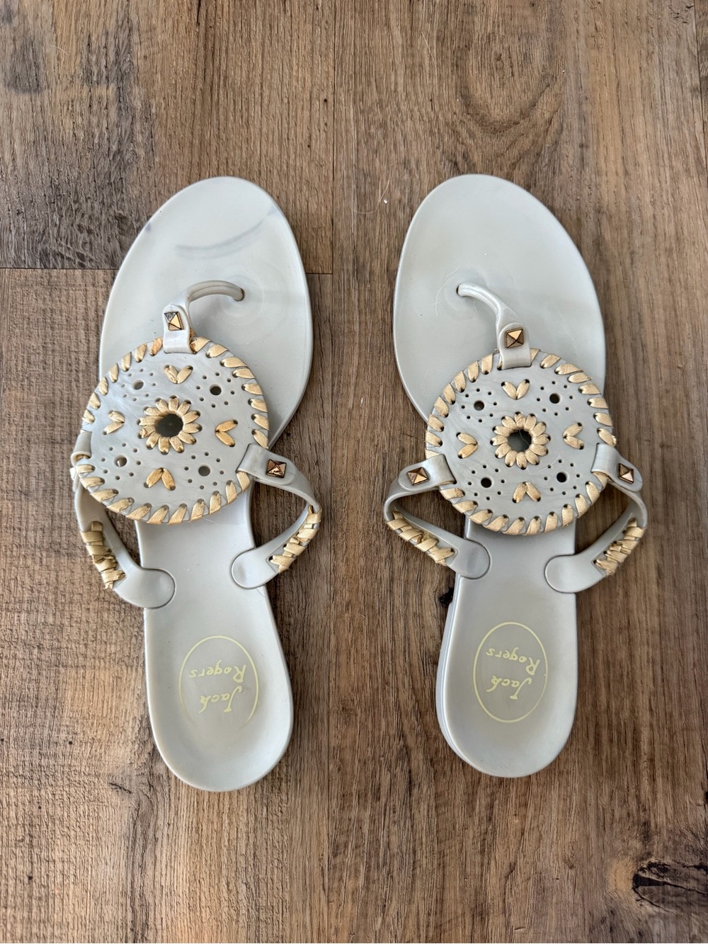 Jack Rogers Women's Sandals in Light Gray with Gold Accents